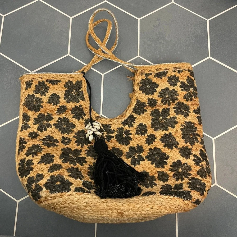 Jute Tote Bag Black Floral Print Tassel Shell Detail Woven Basket‎ Boho Beach